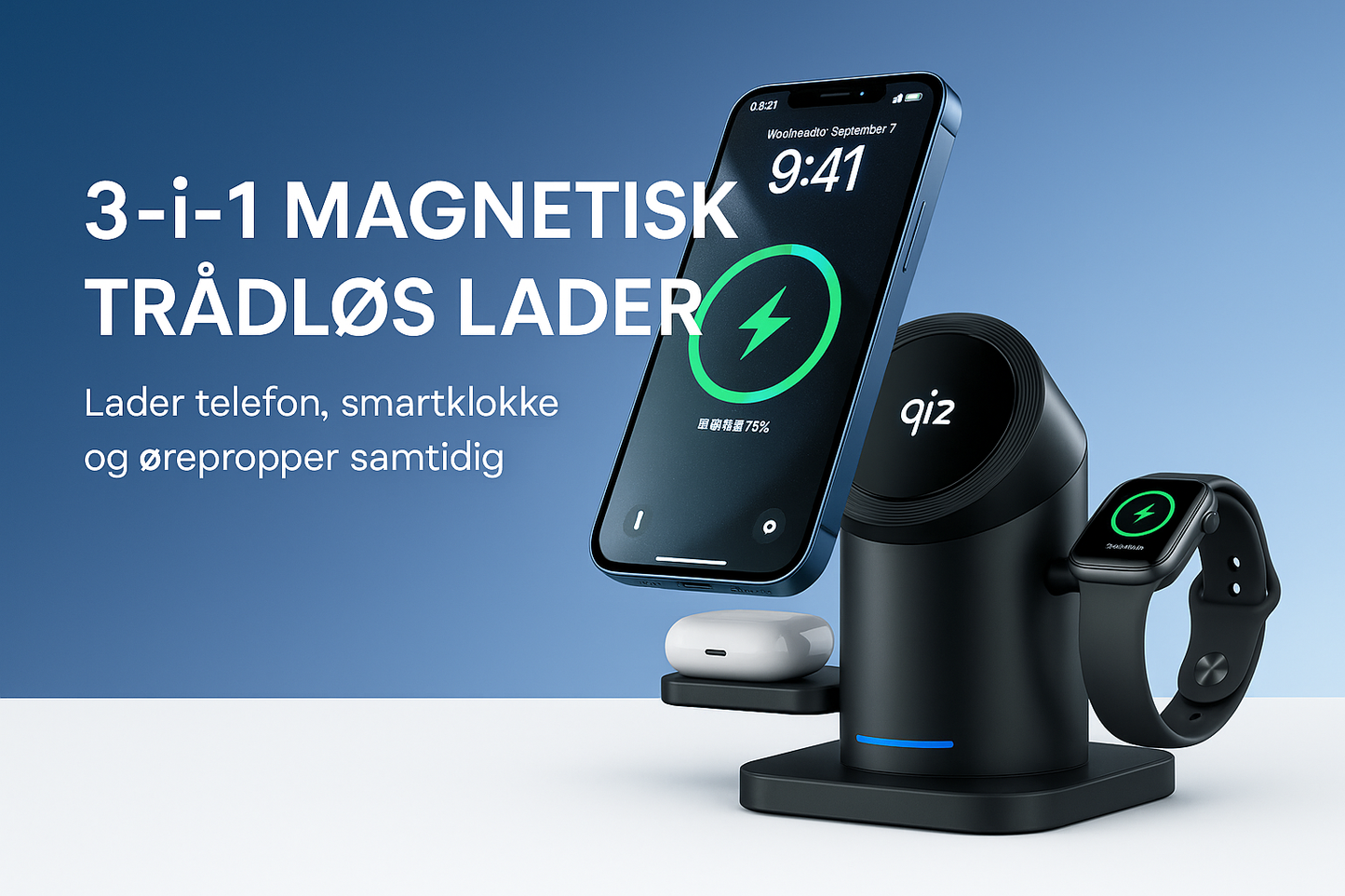 3-i-1 Magnetisk Trådløs Lader – Hurtiglading for Mobil, Smartklokke og Ørepropper