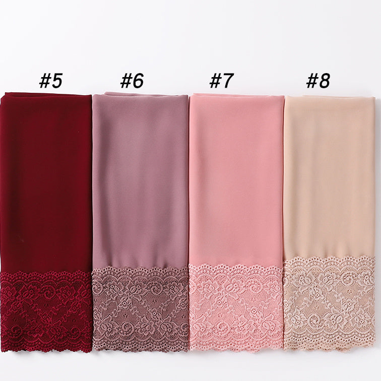 Elegant Pearl Chiffon Lace-Trimmed Women's Hijab Scarf - Breathable, Non-Stretch Polyester in Solid Colors | Perfect for Outdoor Events & Ramadan