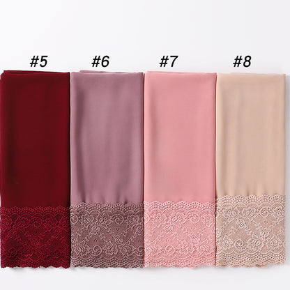 Elegant Pearl Chiffon Lace-Trimmed Women's Hijab Scarf - Breathable, Non-Stretch Polyester in Solid Colors | Perfect for Outdoor Events & Ramadan