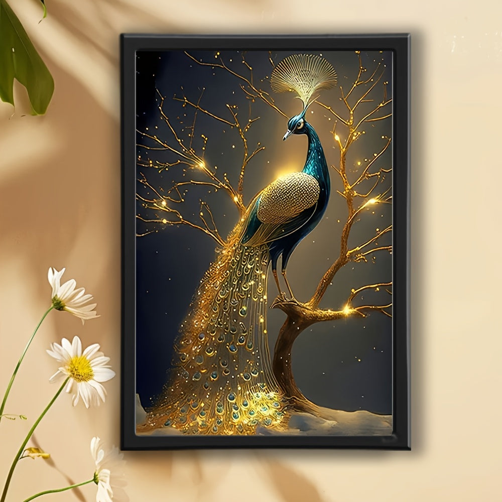 1pc Framed Peacock Canvas Art Print - Elegant Contemporary Wall Decor with Wood/Polyethylene Frame, Vibrant Blue & Golden Design for Home, Office, Bar, Cafe, or Outdoor Spaces - Perfect Gift for Easter, Mother's Day, Graduati