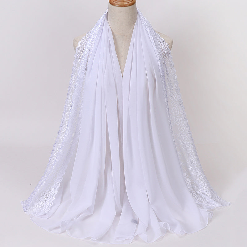 Elegant Pearl Chiffon Lace-Trimmed Women's Hijab Scarf - Breathable, Non-Stretch Polyester in Solid Colors | Perfect for Outdoor Events & Ramadan