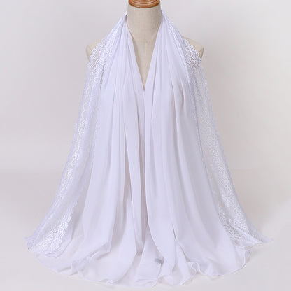 Elegant Pearl Chiffon Lace-Trimmed Women's Hijab Scarf - Breathable, Non-Stretch Polyester in Solid Colors | Perfect for Outdoor Events & Ramadan