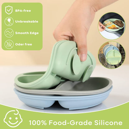 100% Silicone Suction Plates For Babies & Toddlers - Stay Put Divided Design, Microwave & Dishwasher Safe!