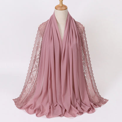 Elegant Pearl Chiffon Lace-Trimmed Women's Hijab Scarf - Breathable, Non-Stretch Polyester in Solid Colors | Perfect for Outdoor Events & Ramadan