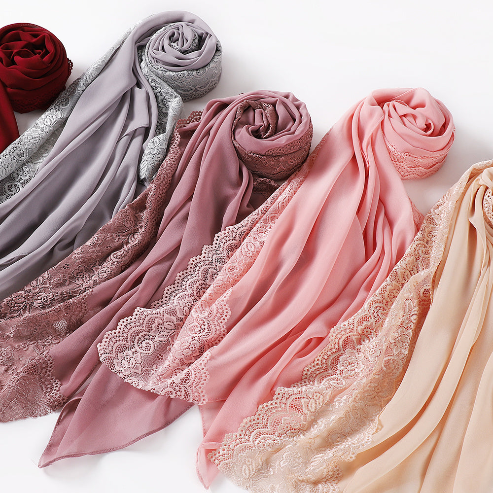 Elegant Pearl Chiffon Lace-Trimmed Women's Hijab Scarf - Breathable, Non-Stretch Polyester in Solid Colors | Perfect for Outdoor Events & Ramadan