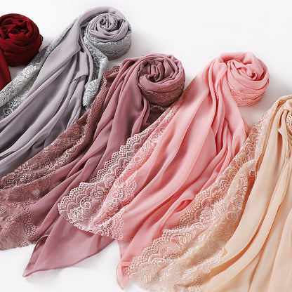 Elegant Pearl Chiffon Lace-Trimmed Women's Hijab Scarf - Breathable, Non-Stretch Polyester in Solid Colors | Perfect for Outdoor Events & Ramadan
