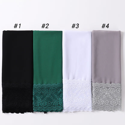 Elegant Pearl Chiffon Lace-Trimmed Women's Hijab Scarf - Breathable, Non-Stretch Polyester in Solid Colors | Perfect for Outdoor Events & Ramadan