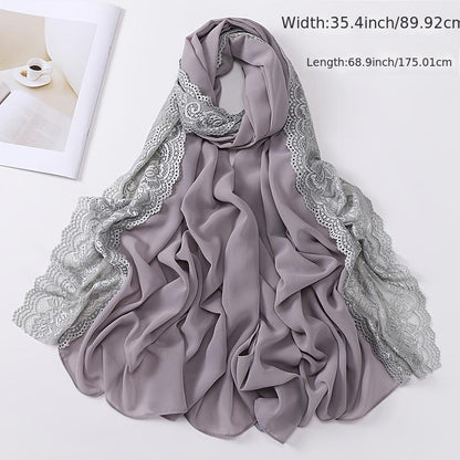 Elegant Pearl Chiffon Lace-Trimmed Women's Hijab Scarf - Breathable, Non-Stretch Polyester in Solid Colors | Perfect for Outdoor Events & Ramadan