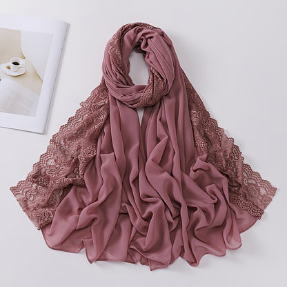 Elegant Pearl Chiffon Lace-Trimmed Women's Hijab Scarf - Breathable, Non-Stretch Polyester in Solid Colors | Perfect for Outdoor Events & Ramadan